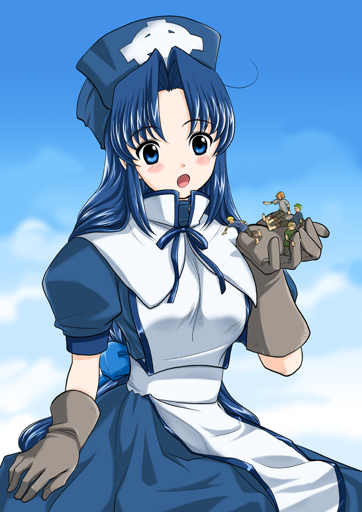 1girl, 4boys, :o, ahoge, blue_eyes, blue_hair, blue_theme, blush