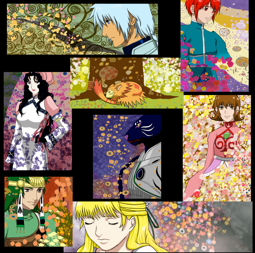 3girls, 4boys, annie_barrs, armor, black_hair, blonde_hair, blue_eyes, blue_hair