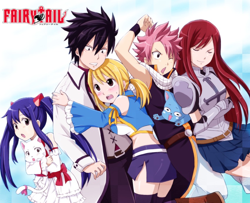 2boys, 3girls, ami_(wonderland99), armor, armored_dress, belt, black_eyes, black_hair, blonde_hair, blush, brown_eyes, cat, charle_(fairy_tail), closed_eyes, copyright_name, detached_sleeves, dress, erza_scarlet, fairy_tail, gauntlets, gray_fullbuster, happy_(fairy_tail), hug, lucy_heartfilia, miniskirt, multiple_boys, multiple_girls, natsu_dragneel, pink_hair, purple_hair, red_hair, ribbon, scarf, skirt, smile, tail, tail_ornament, tail_ribbon, teeth, thighhighs, twintails, wendy_marvell