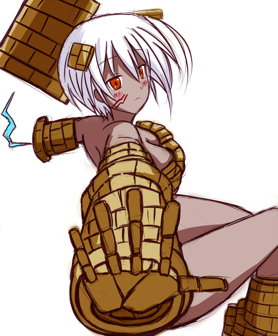 1girl, asakura-siki, breasts, cleavage, dark_skin, electricity, golem, golem_(monster_girl_encyclopedia), hair_ornament, monster_girl, monster_girl_encyclopedia, red_eyes, white_hair