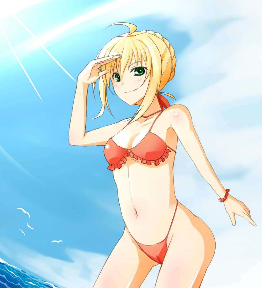 10s, 1girl, ahoge, artoria_pendragon_(fate), bikini, bird, blonde_hair, braid