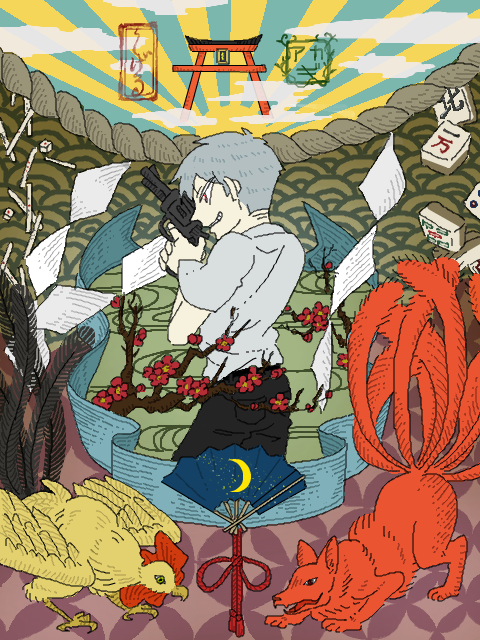 1boy, akagi, akagi:_yami_ni_oritatta_tensai, akagi_shigeru, akaiti, bird, board_game, chicken, fine_art_parody, fukumoto_mahjong, grey_hair, gun, hand_fan, handgun, kitsune, kyuubi, mahjong, mahjong_tile, male_focus, multiple_tails, nihonga, parody, red_eyes, revolver, rooster, rope, seigaiha, shimenawa, solo, tail, torii, ukiyo-e, weapon