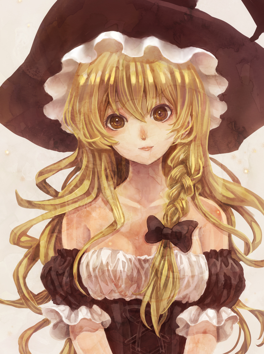 1girl, bare_shoulders, blonde_hair, bow, braid, breasts, brown_eyes, female_focus, hat, hat_bow, highres, kanro_(dear27), kirisame_marisa, long_hair, ribbon, single_braid, solo, touhou, upper_body, witch, witch_hat