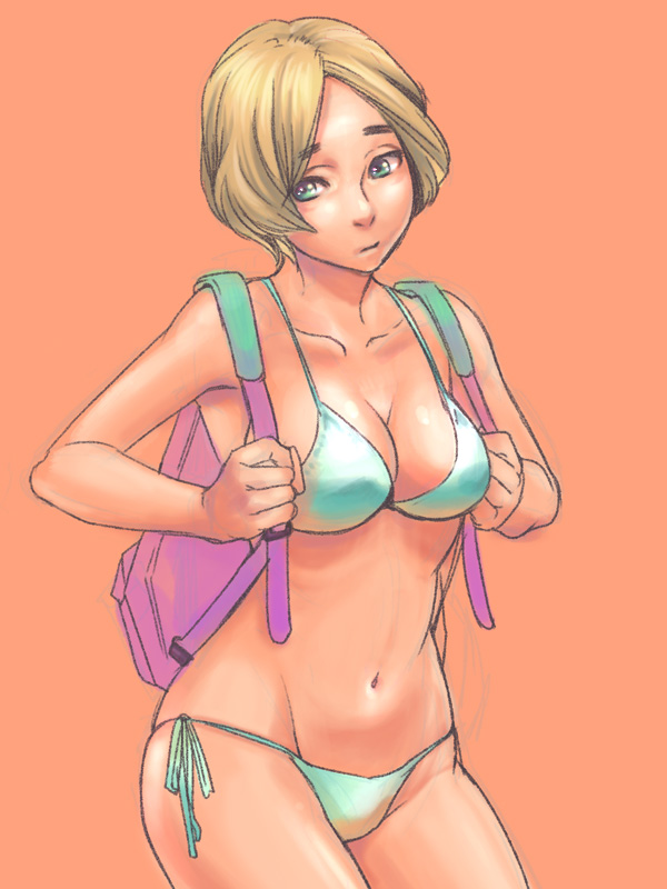 1girl, aqua_bikini, backpack, bag, bikini, blonde_hair, blue_eyes, breasts, cleavage, female_focus, navel, orange_background, original, short_hair, side-tie_bikini_bottom, solo, swimsuit, vivienne9westwood