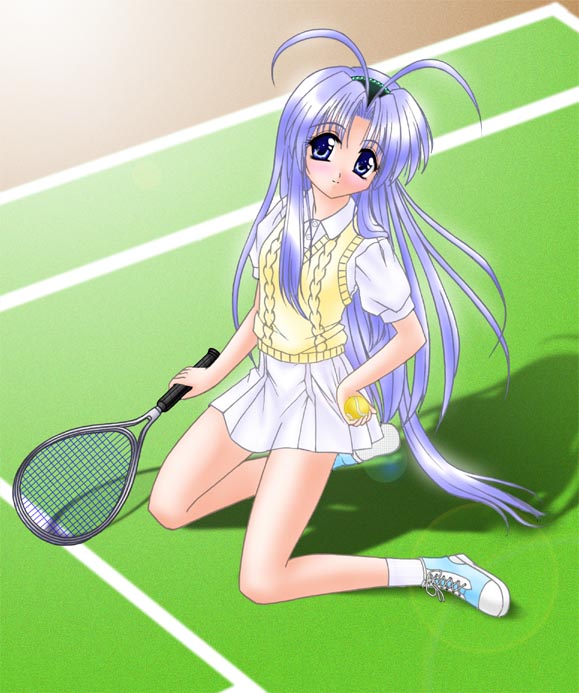 antenna_hair, ball, blue_eyes, blue_hair, long_hair, mamotte_shugogetten!, mutsuki_mikatsu, racket, shugogetten_shaolin, skirt, solo, tennis_ball, tennis_court, tennis_racket