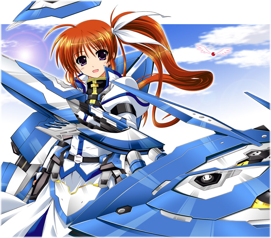 00s, armor, brown_hair, cloud, dress, ec_divider_code-996, fortress_(nanoha), gun