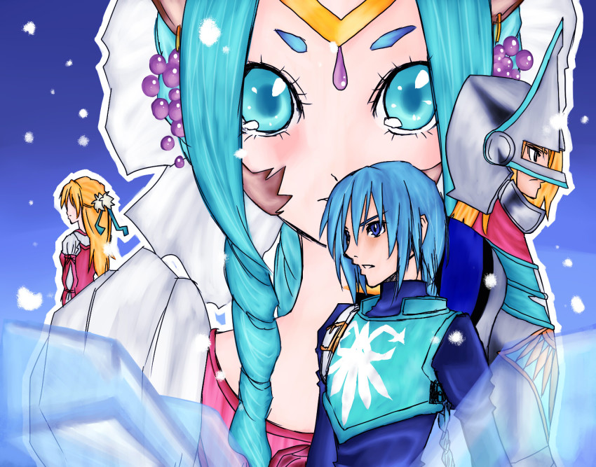 2boys, 2girls, agarte_lindblum, animal_ears, armor, blonde_hair, blue_background, blue_eyes