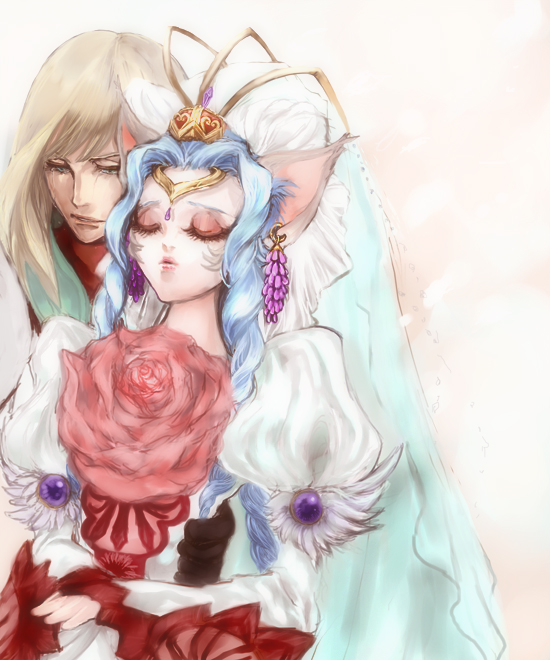 1boy, 1girl, agarte_lindblum, animal, armor, blonde_hair, blue_eyes, blue_hair