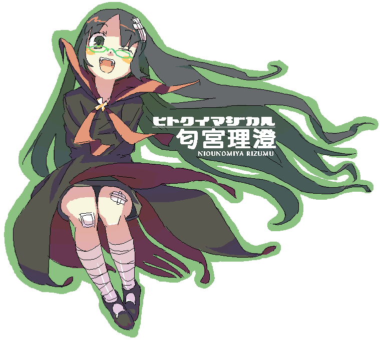 bandages, blush, fang, glasses, green_eyes, green_hair, long_hair, mitsuji_mitsuyoshi