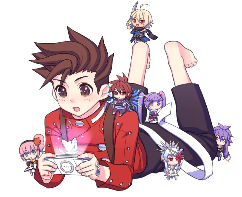 00s, 3girls, 4boys, alfa_system, barefoot, blue_eyes, brown_eyes, brown_hair, chibi, crossover, crystal, emil_castagnier, folks_(nabokof), goede, handheld_game_console, happy, heterochromia, kanonno_grassvalley, kratos_aurion, lloyd_irving, long_hair, mormo, multiple_boys, multiple_girls, open_mouth, pink_hair, playstation_portable, purple_eyes, purple_hair, razalis, red_eyes, red_hair, short_hair, side_ponytail, silver_hair, sophie_(tales), suspenders, sword, tales_of_(series), tales_of_graces, tales_of_symphonia, tales_of_symphonia:_dawn_of_the_new_world, tales_of_the_world, tales_of_the_world_radiant_mythology, tales_of_the_world_radiant_mythology_3, twintails, weapon, wings