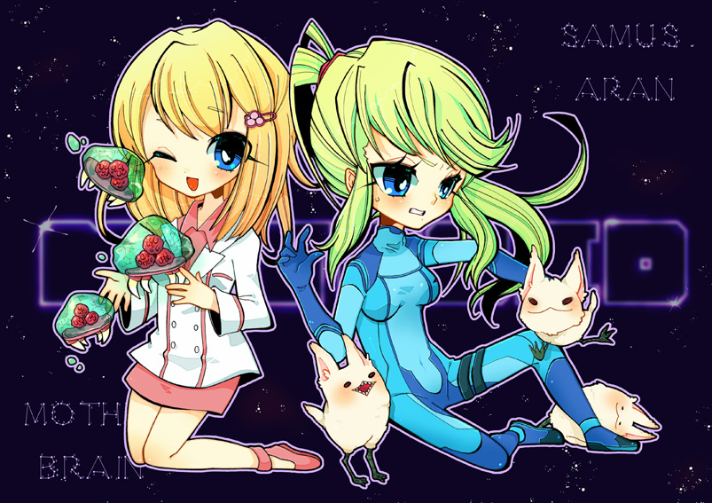 2girls, ;d, blonde_hair, blue_eyes, blush, bodysuit, chibi, cooger, hair_ornament, hairpin, kneeling, little_birdy, long_hair, madeline_bergman, melissa_bergman, metroid, metroid:_other_m, metroid_(creature), metroid_larva, multiple_girls, nintendo, one_eye_closed, open_mouth, ponytail, ridley, samus_aran, short_hair, skirt, smile, spoilers, wink, zero_suit