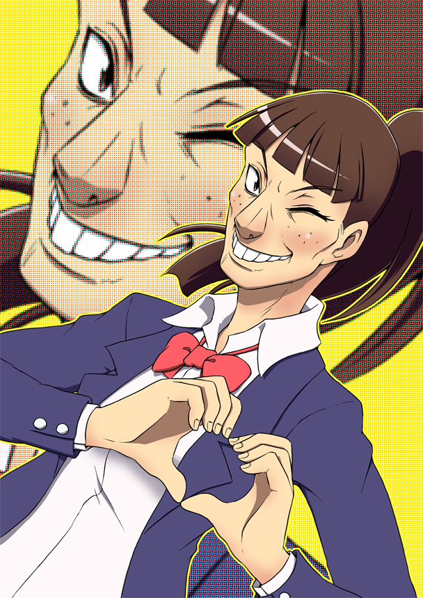 1girl, blunt_bangs, bow, brown_eyes, brown_hair, buck_teeth, female_focus, freckles, grin, haribara_harue, heart, heart_hands, looking_at_viewer, max_manster, maxmanster, one_eye_closed, ponytail, school_uniform, simple_background, smile, solo, soredemo_machi_wa_mawatteiru, teeth, wink, yellow_background, zoom_layer