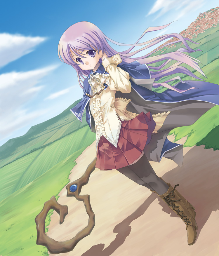 1girl, black_thighhighs, boots, cloak, cloud, day, female_focus, hand_in_own_hair