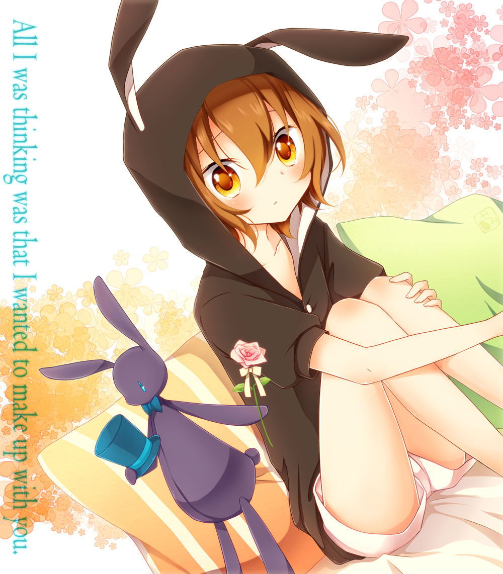 1boy, akane_(goma), androgynous, animal_ears, bad_id, bad_pixiv_id, blush, brown_eyes, brown_hair, rabbit_ears, english_text, goma_(11zihisin), hood, hoodie, looking_at_viewer, male_focus, original, pillow, shorts, sitting, solo, souta_(goma), striped, stuffed_animal, stuffed_rabbit, stuffed_toy, tears, trap