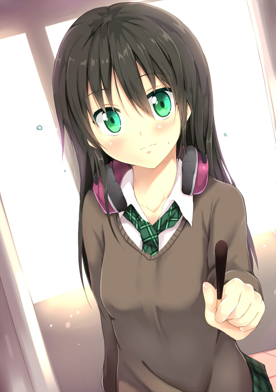 1girl, black_hair, blush, female_focus, food, green_eyes, headphones, headphones_around_neck