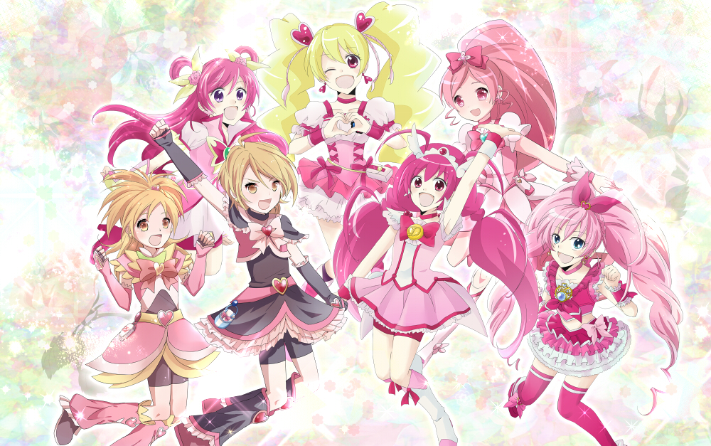 00s, 10s, 6+girls, ;d, arm_up, arm_warmers, belt, bike_shorts