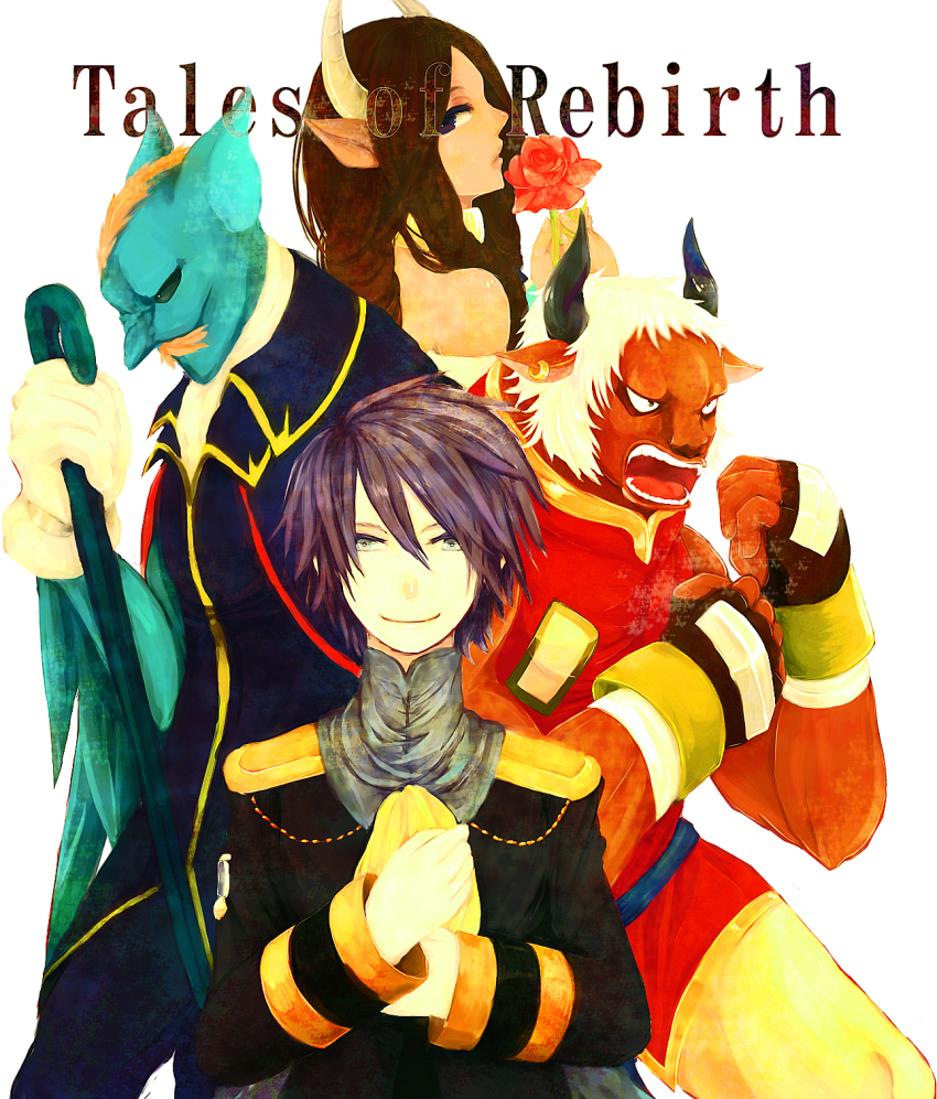 1girl, 3boys, bare_shoulders, blonde_hair, blue_skin, brown_hair, cane, cape