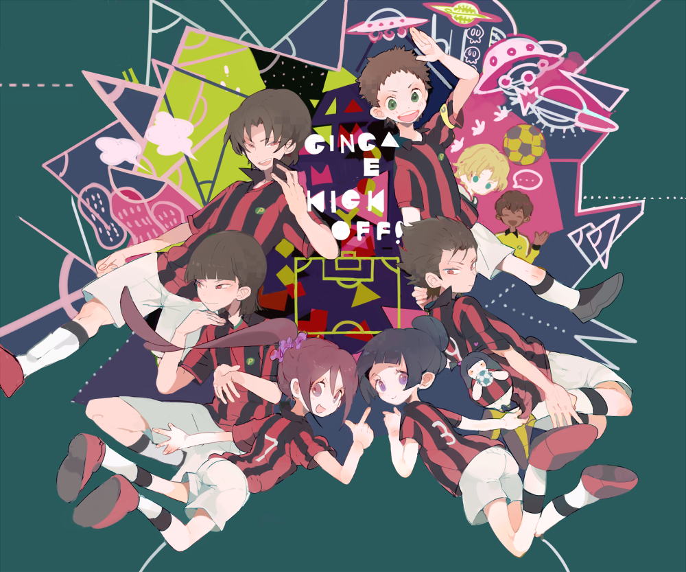 10s, 2girls, 6+boys, aoto_gonzales_takuma, bad_id, bad_pixiv_id, ball, brown_hair