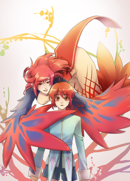 1boy, 1girl, ahoge, breasts, dress, fenia, lepta, long_hair, mao_(tales), open_mouth, red_eyes, red_hair, short_hair, shorts, tales_of_(series), tales_of_rebirth, wings