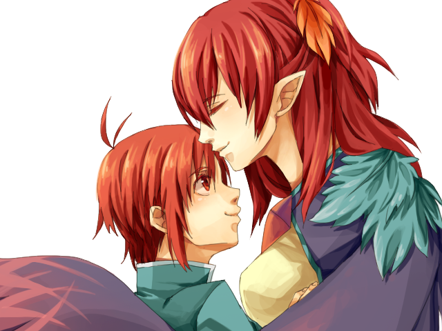 1boy, 1girl, ahoge, breasts, closed_eyes, fenia, long_hair, mao_(tales)