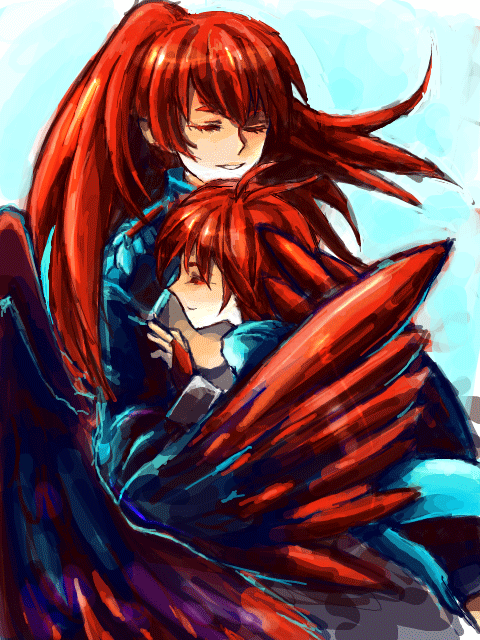 1boy, 1girl, ahoge, breasts, closed_eyes, fenia, hetero, hug