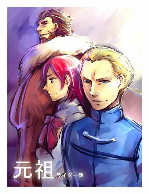 1girl, 2boys, beard, blonde_hair, blue_eyes, cape, facial_hair, fate/zero