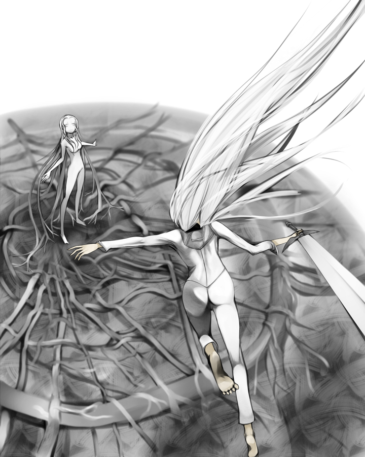 00s, 2girls, agatha, barefoot, claymore_(series), claymore_(sword), demon, feet, greyscale, long_hair, miata, miata_(claymore), monochrome, monster, multiple_girls, sword, very_long_hair, weapon, white_hair, yama