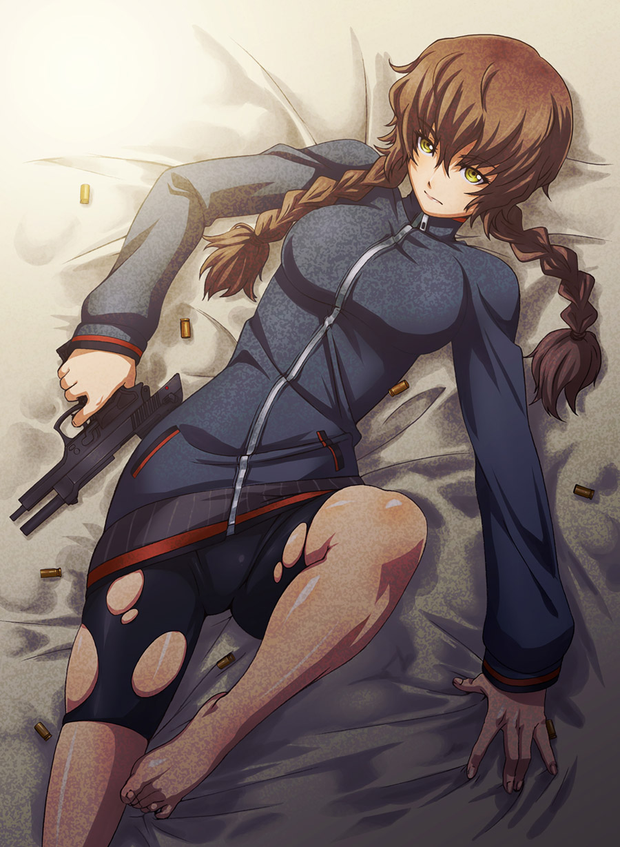 1girl, amane_suzuha, barefoot, beretta_92, bike_shorts, braid, brown_hair, bullet, feet, female_focus, finger_on_trigger, gun, handgun, highres, jacket, lying, otarou_(otamax), pistol, science_adventure, shell_casing, shiny_skin, skindentation, solo, steins;gate, torn_clothes, track_jacket, twin_braids, weapon, yellow_eyes
