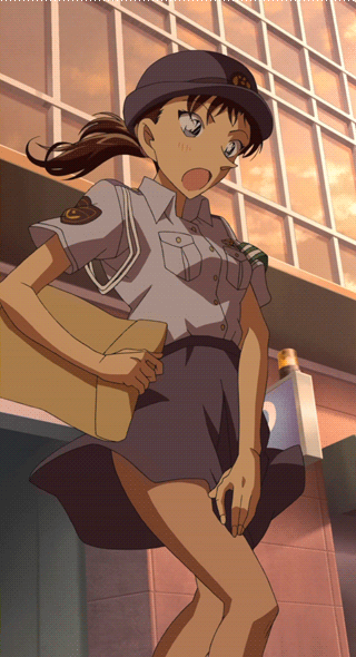animated, animated_gif, anime_screenshot, blue_eyes, blush, breasts, brown_hair, hat, legs, meitantei_conan, miike_naeko, open_mouth, police, police_hat, police_uniform, policewoman, skirt, stitched, third-party_edit