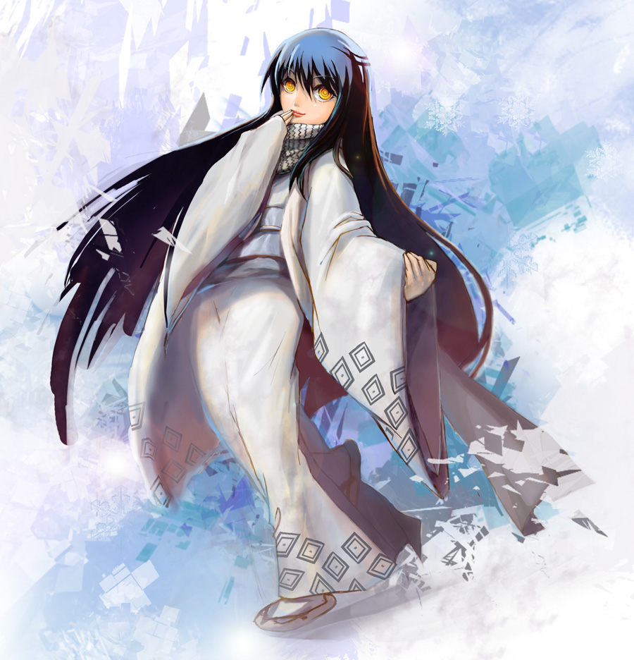 1girl, black_hair, female_focus, full_body, gabuccc, gradient_background, japanese_clothes, kimono, long_hair, long_sleeves, multicolored_hair, nurarihyon_no_mago, ringed_eyes, scarf, solo, yellow_eyes, yuki_onna_(nurarihyon_no_mago)