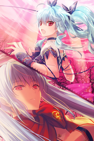 2girls, blue_hair, detached_sleeves, gs_7th_star, hair_ribbon, linus_falco, long_hair, lowres, luthica_preventer, multiple_girls, open_mouth, outstretched_hand, red_eyes, reum, ribbon, scarf, sword_girls, twintails, white_hair