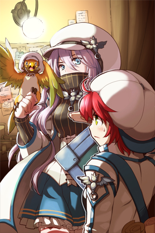 2girls, ahoge, bag, bird, bird_on_hand, blue_eyes, brooch, eisenwane_(sword_girls)