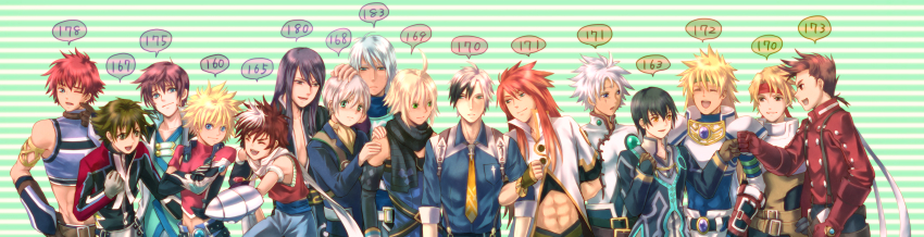 00s, 6+boys, abs, absurdres, alfa_system, armlet, armor, asbel_lhant, black_eyes, black_hair, blonde_hair, blue_eyes, brown_eyes, brown_hair, caius_qualls, coat, cress_albane, cress_alvein, crossed_arms, emil_castagnier, fist_bump, gloves, green_background, green_eyes, headband, height_chart, height_comparison, highres, in-franchise_crossover, jarako_(gaillardia), jewelry, jude_mathis, kor_meteor, kyle_dunamis, lineup, lloyd_irving, locked_arms, long_hair, long_image, ludger_will_kresnik, luke_fon_fabre, male_focus, midriff, multicolored_hair, multiple_boys, necktie, one_eye_closed, red_hair, red_shirt, reid_hershel, ruca_milda, scarf, senel_coolidge, shirt, spiked_hair, stahn_aileron, striped_background, tales_of_(series), tales_of_destiny, tales_of_destiny_2, tales_of_eternia, tales_of_graces, tales_of_hearts, tales_of_innocence, tales_of_legendia, tales_of_phantasia, tales_of_rebirth, tales_of_symphonia, tales_of_symphonia:_dawn_of_the_new_world, tales_of_the_abyss, tales_of_the_tempest, tales_of_vesperia, tales_of_xillia, tales_of_xillia_2, two-tone_hair, veigue_lungberg, white_hair, wide_image, wink, yuri_lowell