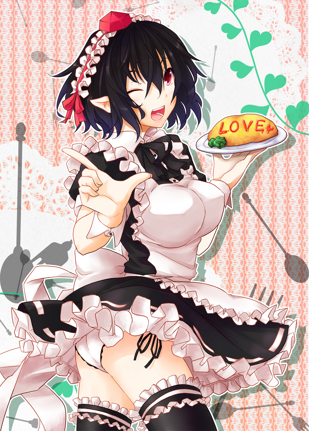 1girl, ;d, alternate_costume, black_hair, black_thighhighs, breasts, female_focus, food