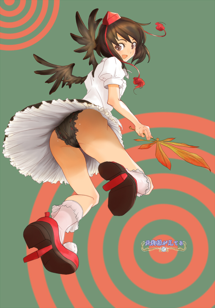1girl, 31107029, ass, bad_id, bad_pixiv_id, black_hair, brown_eyes, female_focus, geta, hat, looking_at_viewer, panties, shameimaru_aya, short_hair, smile, solo, tengu-geta, touhou, underwear, upskirt, wind, wind_lift