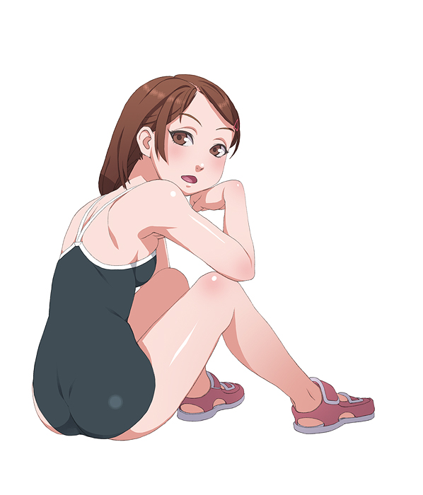 1girl, back, bare_shoulders, breasts, brown_eyes, brown_hair, female_focus, hair_ornament, hairclip, isezaki_eri, looking_back, one-piece_swimsuit, open_mouth, shoes, sideboob, sitting, skindentation, small_breasts, solo, soredemo_machi_wa_mawatteiru, swimsuit, takoyaki_neko-san