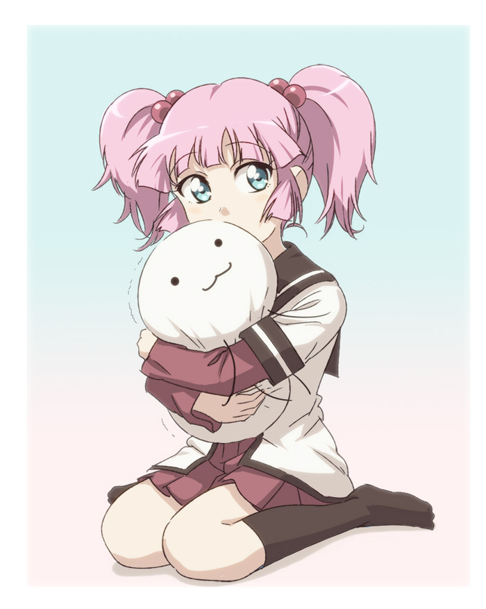 1girl, bad_id, bad_pixiv_id, blue_eyes, female_focus, hair_bobbles, hair_ornament, mikan_dakaran, neogeon, pink_hair, school_uniform, serafuku, short_hair, solo, twintails, yoshikawa_chinatsu, yuruyuri