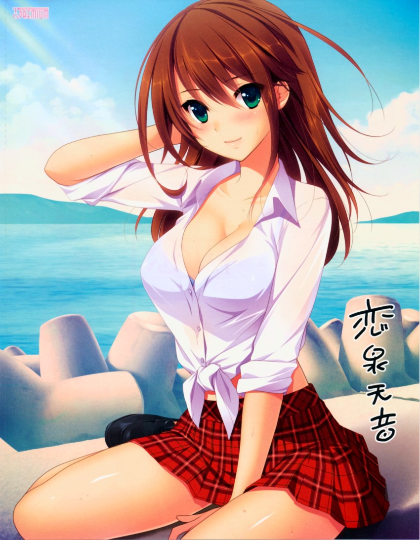 1girl, absurdres, blue_bra, blush, bra, breasts, brown_hair, cleavage, dress_shirt, female_focus, front-tie_top, green_eyes, hatsukoi_1/1, highres, koizumi_amane, large_breasts, loafers, long_hair, looking_at_viewer, midriff, miniskirt, non-web_source, open_clothes, open_shirt, plaid_clothes, plaid_skirt, pleated_skirt, see-through_clothes, shiny_skin, shirt, shoes, sitting, skirt, sleeves_rolled_up, smile, solo, tied_shirt, tokizaki_maya, underwear