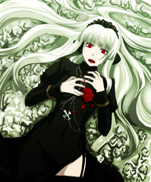 1girl, albino, dress, female_focus, jewelry, lips, lipstick, long_hair