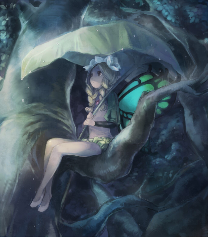 1girl, akr_et, bare_legs, blonde_hair, braid, butterfly_wings, fairy, female_focus