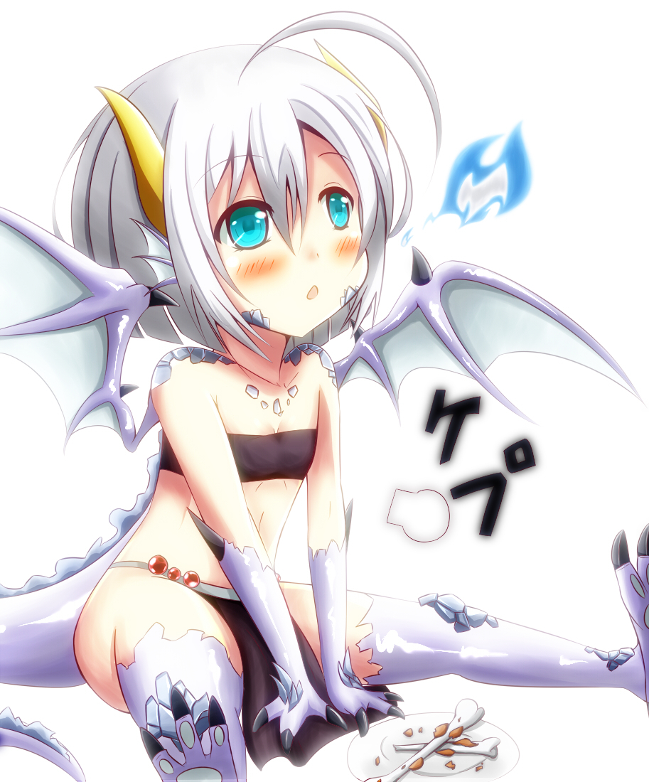 1girl, ahoge, animal_hands, aqua_eyes, asakura-siki, bandeau, blue_fire, blush, bone, breath_weapon, breathing_fire, child, claws, dragon, dragon_girl, dragon_wings, female_focus, fire, flat_chest, food, hair_between_eyes, horns, loincloth, midriff, monster_girl, original, scales, short_hair, simple_background, sitting, solo, tail, white_background, white_hair, wings