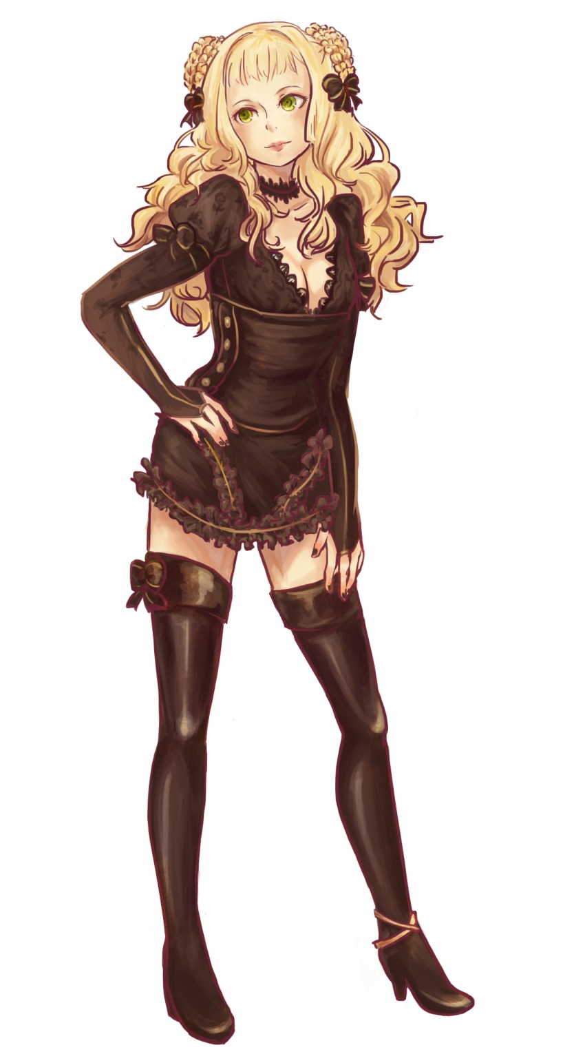 1girl, anonymous_drawfag, black_nails, blonde_hair, boots, bow, braid, breasts, bridal_gauntlets, choker, cleavage, drawfag, dress, female_focus, french_braid, frills, full_body, green_eyes, hair_bow, hand_on_own_hip, high_heel_boots, high_heels, highres, hip_focus, lipstick, long_hair, makeup, nail_polish, poison_pink, shoes, short_dress, solo, standing, thage, thigh_boots, thighhighs, wavy_hair, white_background, zettai_ryouiki