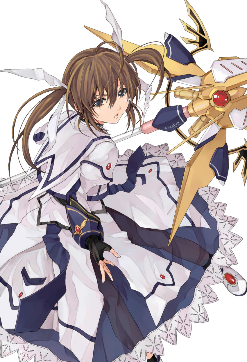 00s, 1girl, blue_eyes, brown_hair, dress, female_focus, fingerless_gloves, gloves