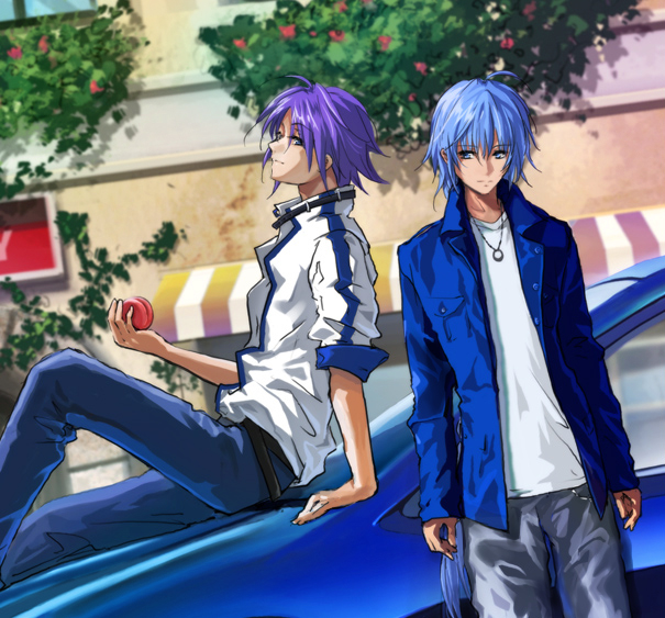 2boys, belt, blue_eyes, blue_hair, car, casual, chain, food