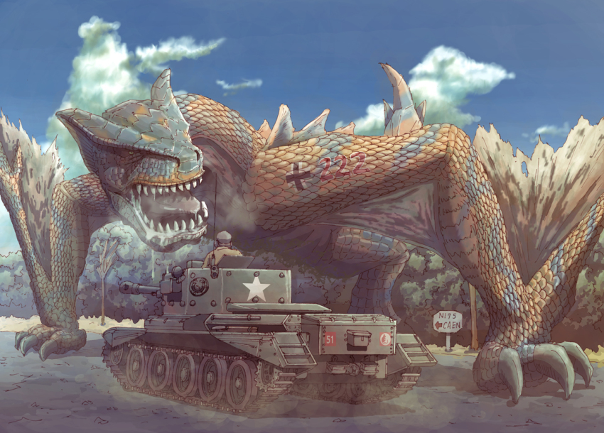 1boy, capcom, caterpillar_tracks, cromwell_(tank), dragon, earasensha, military, military_vehicle, monster_hunter_(series), motor_vehicle, pun, tank, tigrex, vehicle, world_war_ii