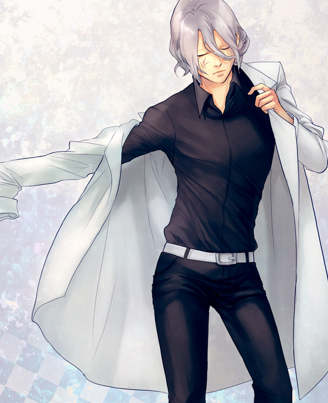 1boy, dressing, facial_mark, hades_itsuhito, hadesu_itsuhito, hokenshitsu_no_shinigami, lab_coat, magatsumagic, male_focus, school_nurse, silver_hair, solo