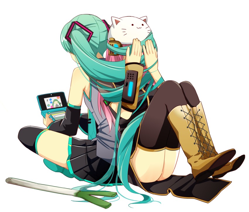 2girls, animal_hat, bad_id, bad_pixiv_id, boots, cat_hat, covering_face, detached_sleeves, green_hair, handheld_game_console, hat, hatsune_miku, knee_boots, lace-up_boots, long_hair, megurine_luka, multiple_girls, necktie, nintendo_3ds, pink_hair, simple_background, sitting, skirt, spring_onion, thigh_boots, thighhighs, toeto_(vocaloid), twintails, very_long_hair, vocaloid, white_background, yamada_(onigori105)