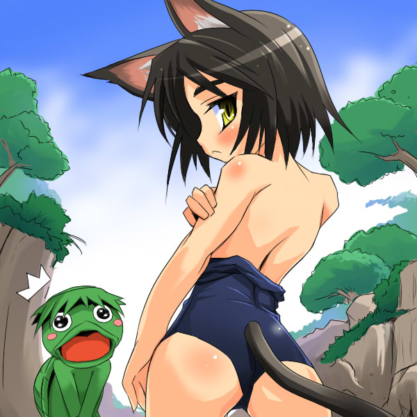 1boy, 1girl, animal_ears, ass, bare_shoulders, cat_ears, cat_tail, clothes_pull