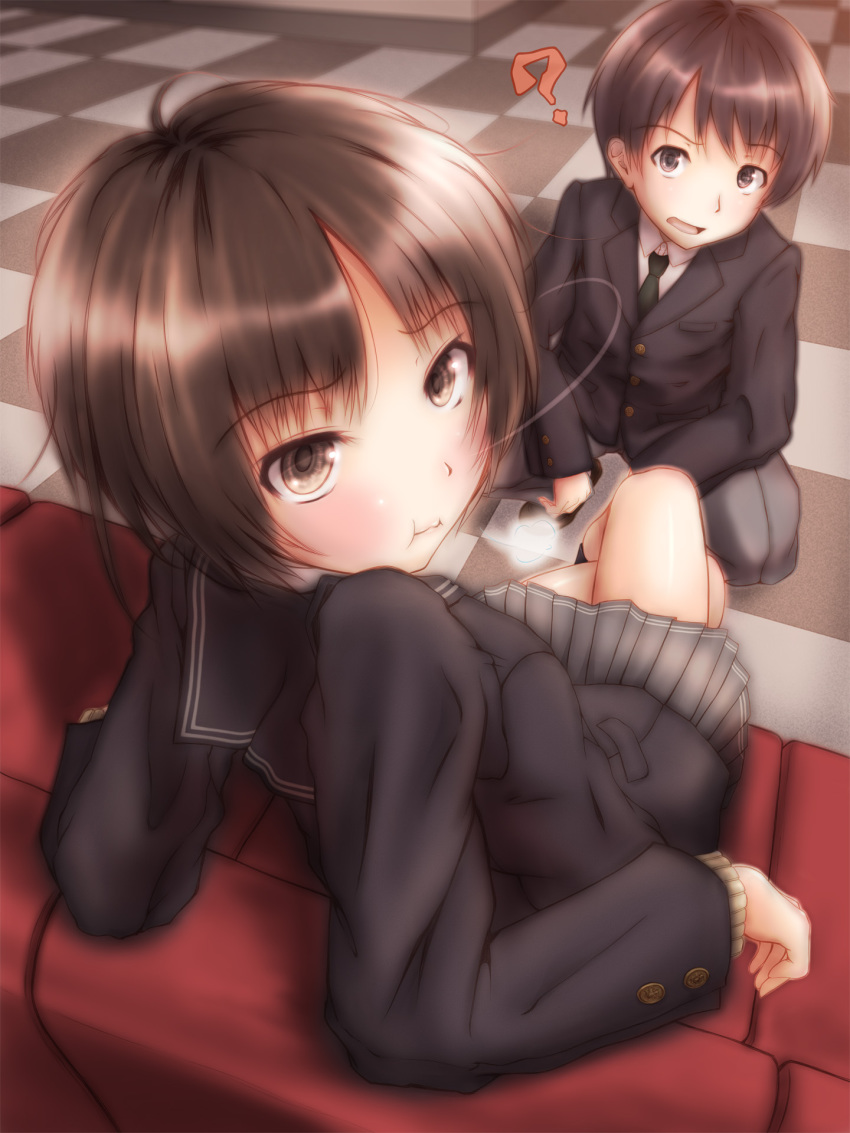 1boy, 1girl, :t, ?, amagami, blazer, blush, bob_cut