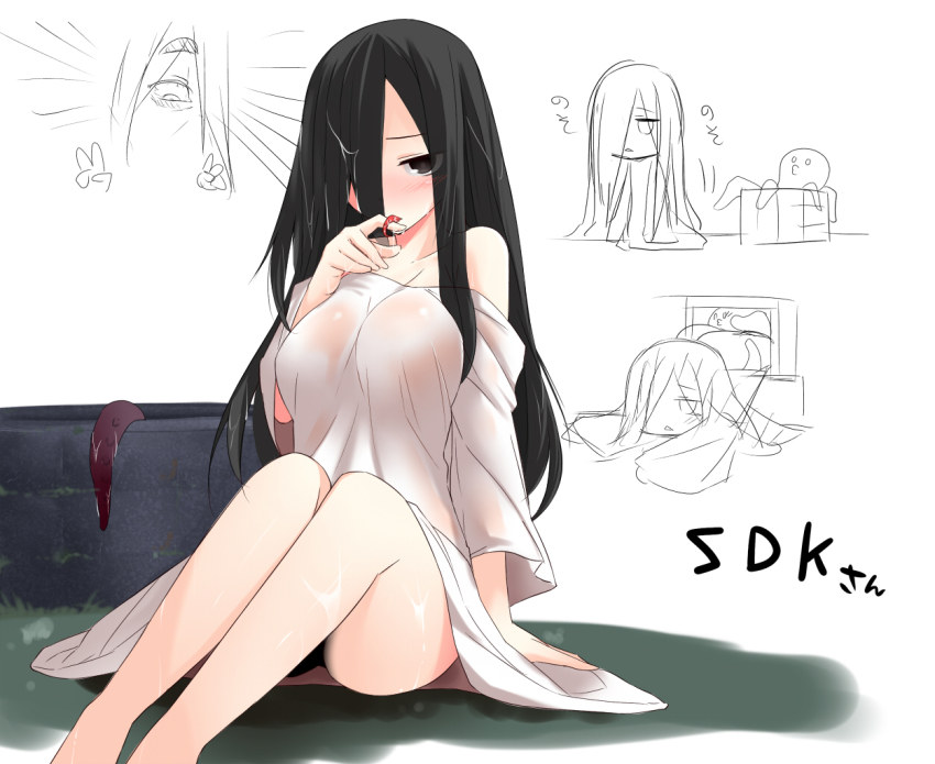 1girl, bad_id, bad_nicoseiga_id, black_eyes, black_hair, blush, breasts, double_v